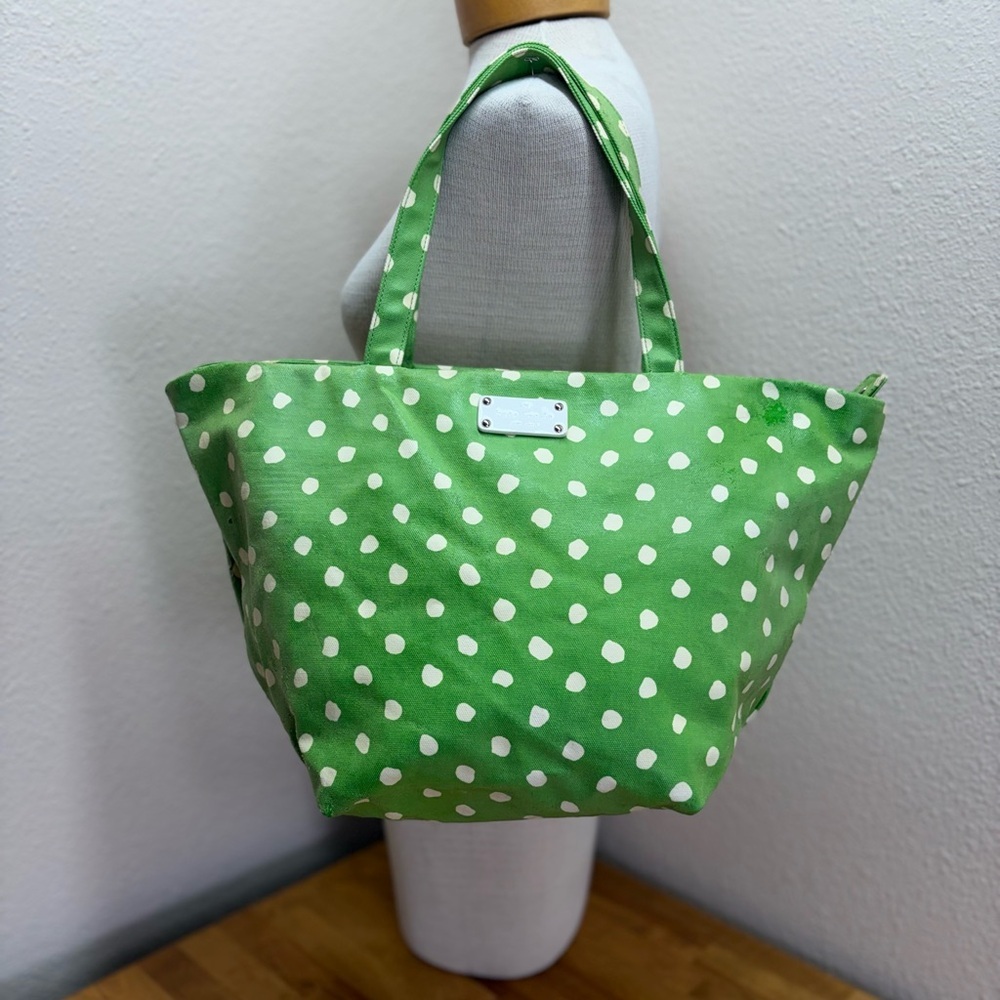 Kate Spade Daycation Bon Shopper Green Polka Dot Coated Canvas Tote Bag